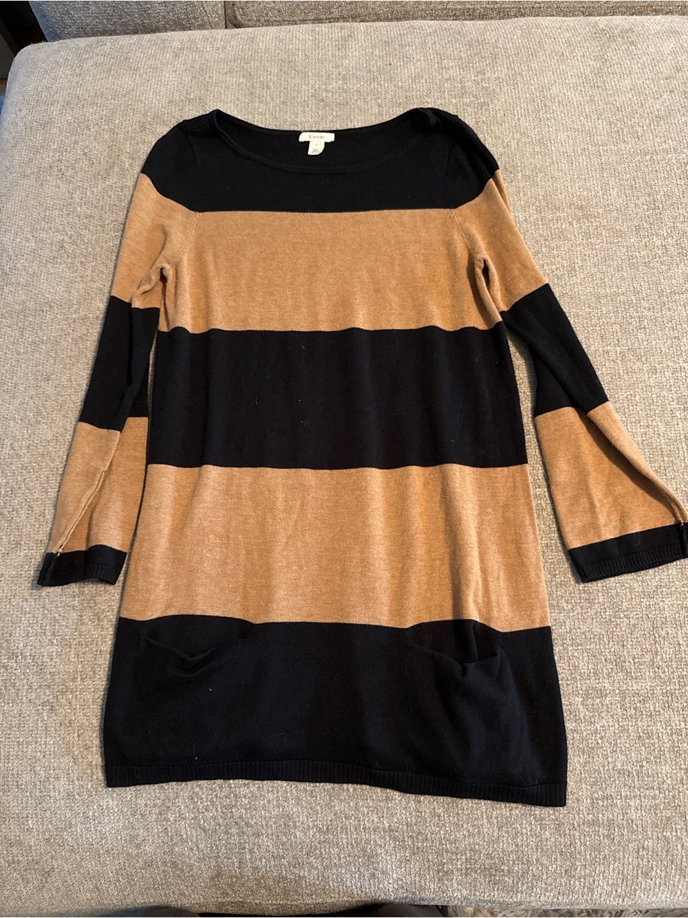 Caslon Striped Sweater Dress Small Camel Black Tunic Pockets 3/4 Sleeve